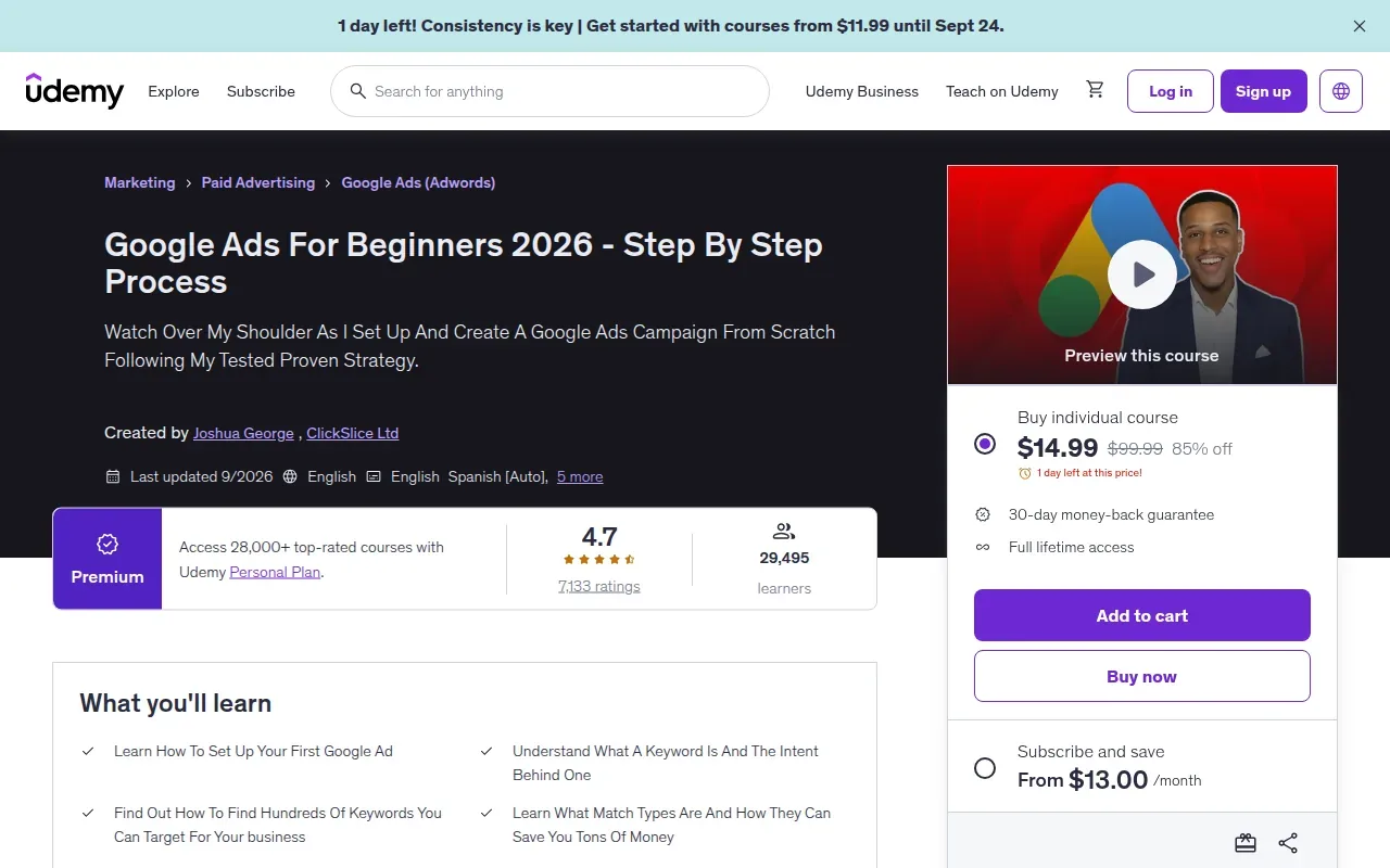 Screenshot of the Google Ads For Beginners by Udemy website