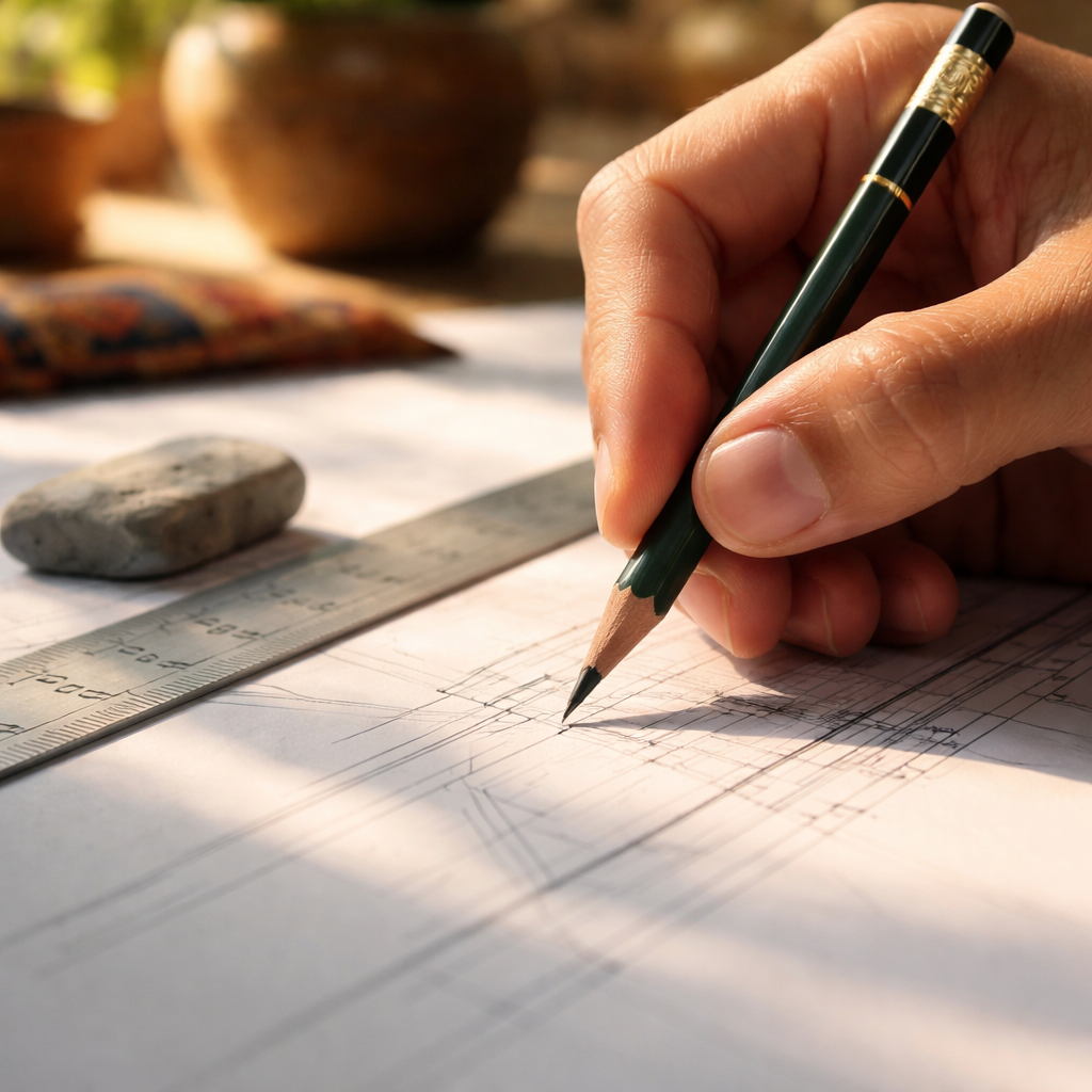 A photorealistic close-up of a hand steadying a fine-point graphite pencil (2H–4H) as it traces razor-thin lines on smooth Bristol paper, with a ruler and kneaded eraser on a sunlit Indian studio desk. Alt: Realistic close-up of fine line drawing setup with a 2H-4H pencil on Bristol paper in India.