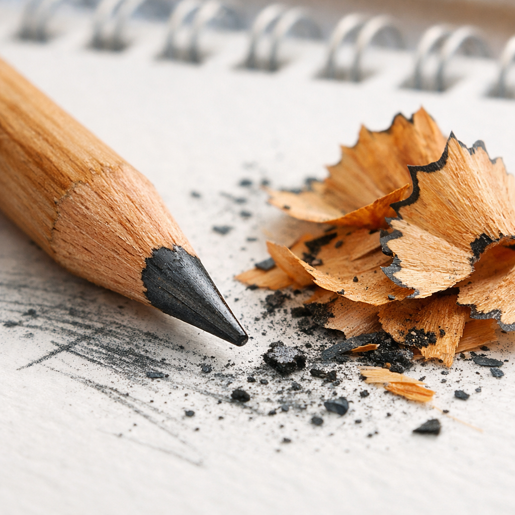 A realistic close‑up of a wooden pencil tip and graphite shavings on a sketchpad, showing texture and contrast, in a bright studio setting.