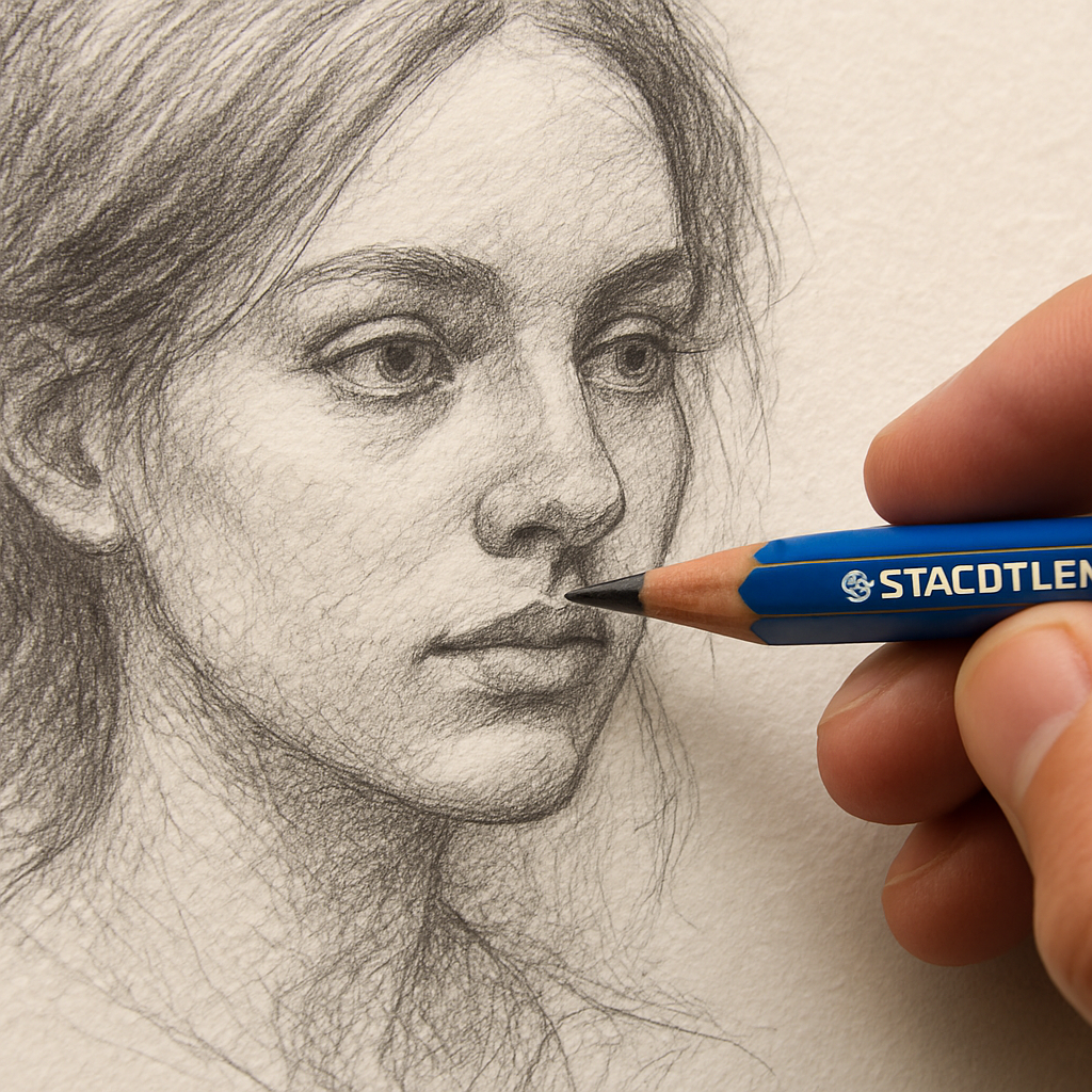 A close‑up of a Staedtler Mars Lumograph 100 Series pencil drawing a detailed portrait on a textured sketchbook page. Alt: Staedtler Mars Lumograph 100 Series graphite pencil delivering precise lines on sketch paper.