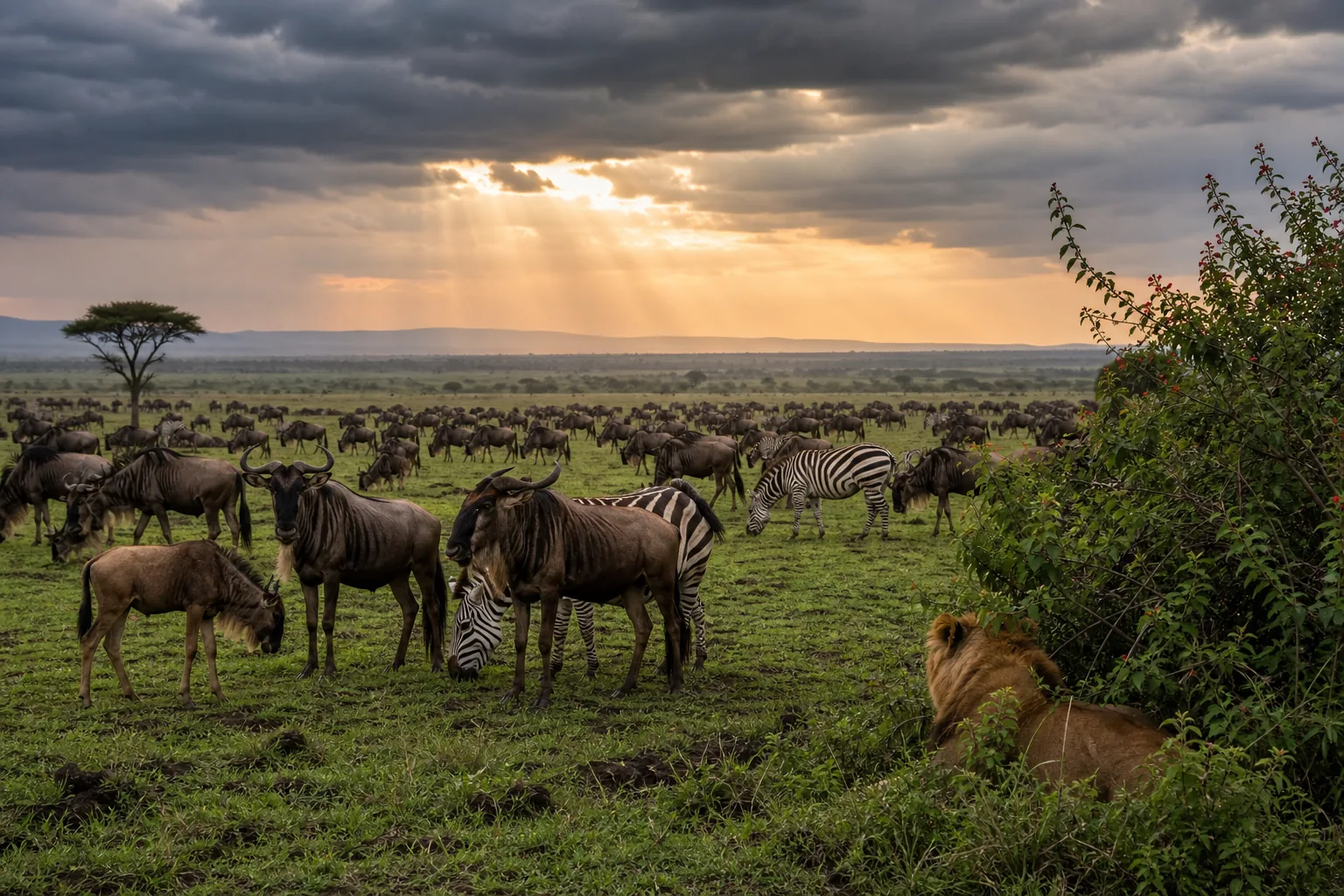 Tanzania green season safari with migration herds, calving plains, and predators.