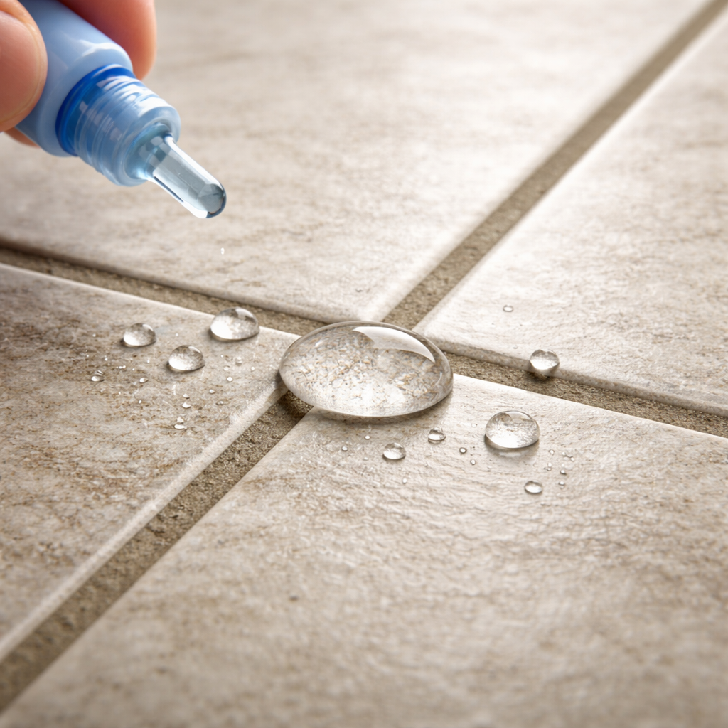 A photorealistic close‑up of a tiled floor showing a grout joint being tested with a water droplet, highlighting the sealant’s water‑beading effect. Alt: Identifying grout type and choosing the right sealant for tile floors