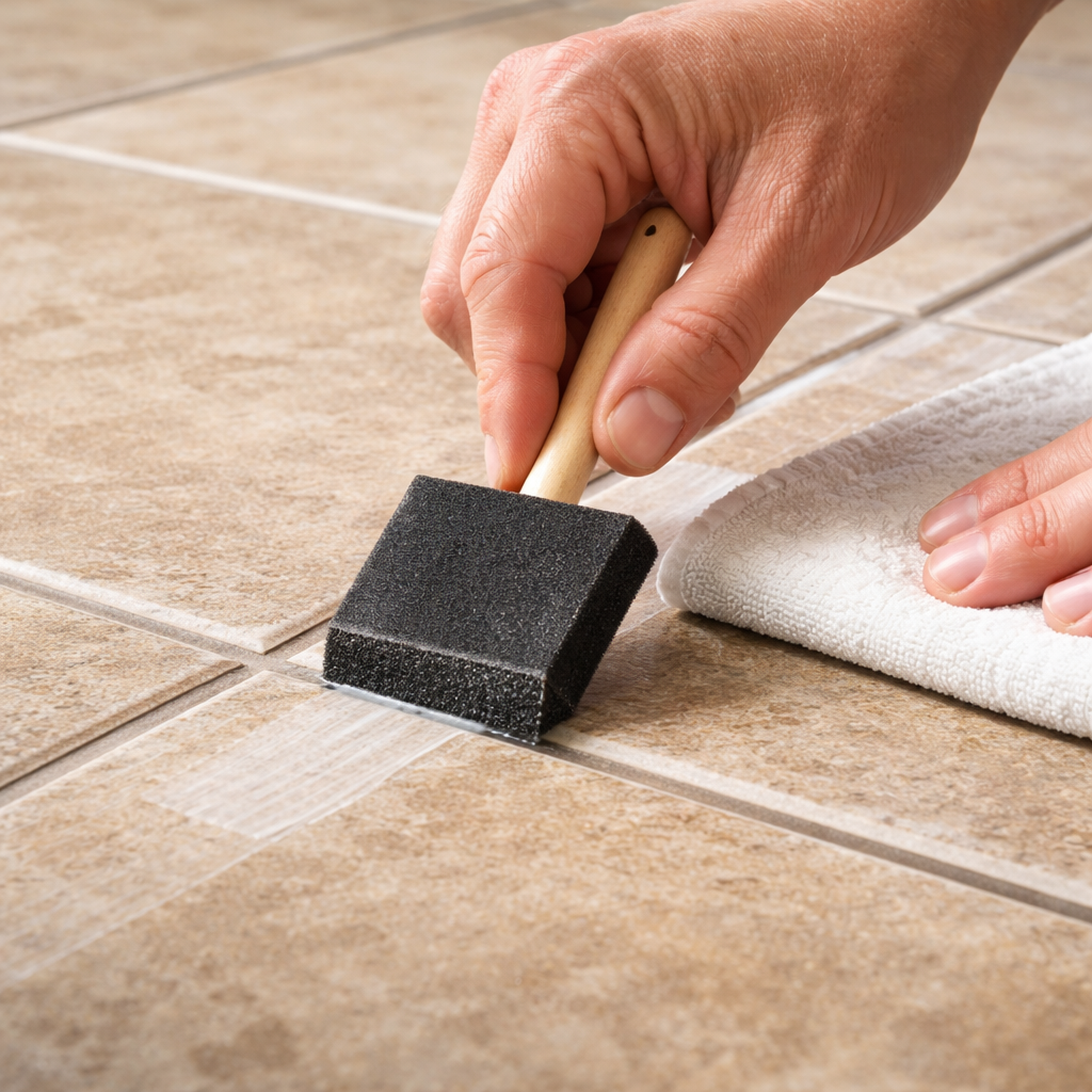 A photorealistic close‑up of a hand applying grout sealant with a foam brush to fresh grout lines on a tiled floor, showing the sealant being pressed into the joints and excess wiped off the tile surface. Alt: Applying grout sealant correctly on tile floor