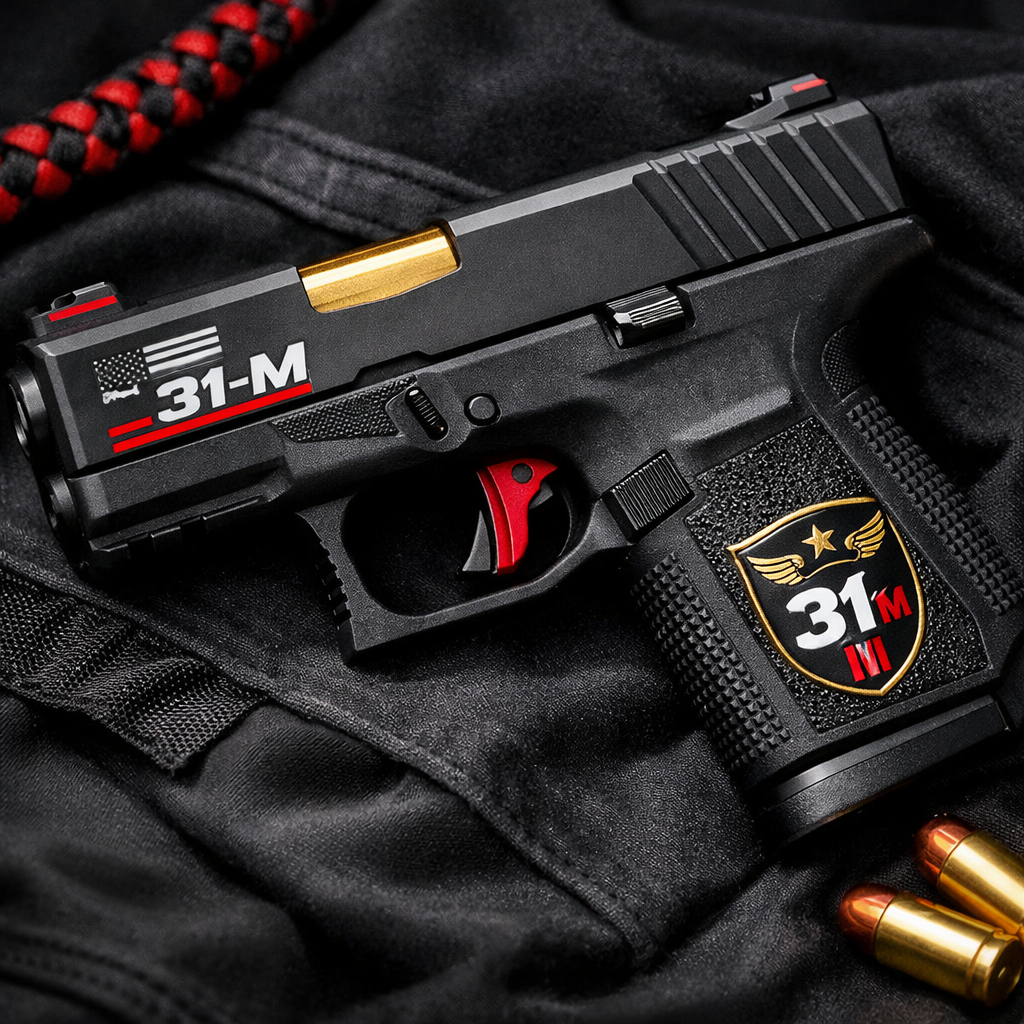 A realistic close‑up of a sleek, compact handgun in a matte black finish, laid on a dark cloth with soft lighting. Alt: compact pistol best gun for concealed carry