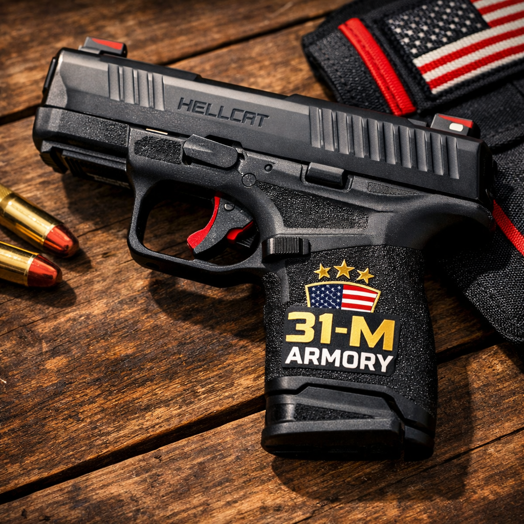 A realistic close‑up of a compact pistol with a matte finish, laid on a wooden surface with soft shadows. Alt: Springfield Hellcat best gun for concealed carry