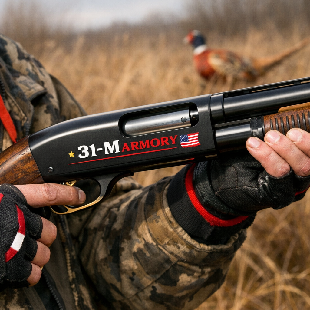 A realistic close‑up of a classic pump‑action shotgun being held in a hunter’s hands, showing wood stock texture and steel barrel, soft daylight, realism style. Alt: classic pump shotgun for pheasant hunting