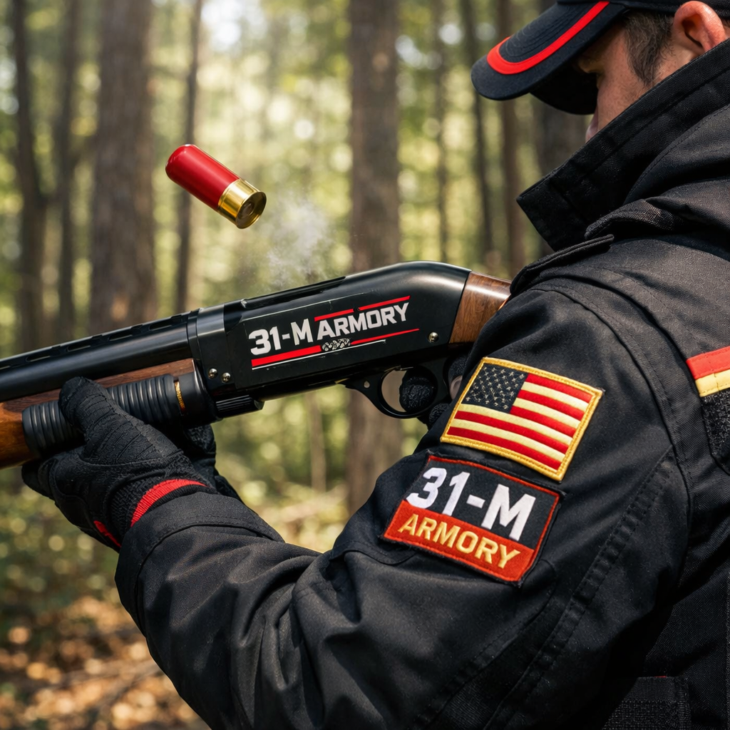 A realistic scene of a hunter pulling the pump on a modern shotgun, showing smooth metal action and wooden stock, daylight forest background, realism style. Alt: balanced pump-action shotgun in use