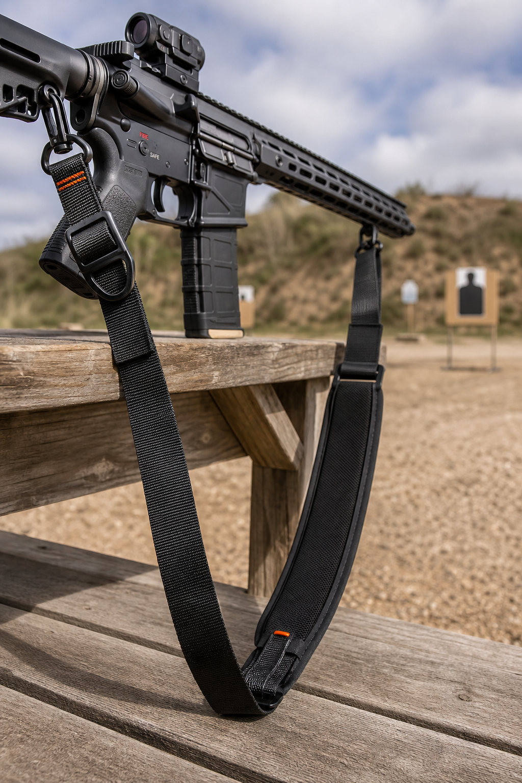 A realistic image of an adjustable two-point rifle sling on a modern carbine, showing the rubberized pull tab and adjustable pad, in an outdoor shooting range setting. Alt: Adjustable two-point rifle sling with rubberized pull tab