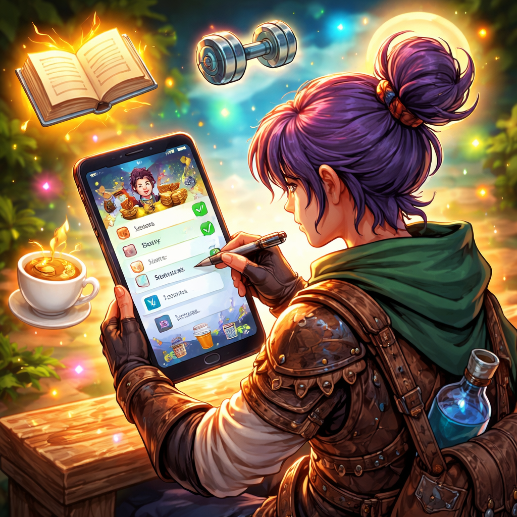An illustration of a colorful RPG character checking off daily habits on a smartphone, with icons for study, exercise, and coffee. Alt: Habitica habit tracking app gamified routine illustration.