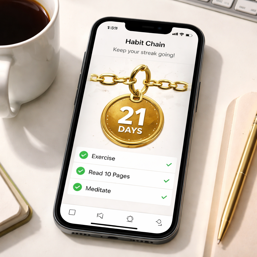 An iPhone screen showing Momentum’s habit chain interface with a growing gold chain icon, set on a clean desk with a coffee mug and a notebook. Alt: Momentum habit tracker visual chain progress on iPhone.