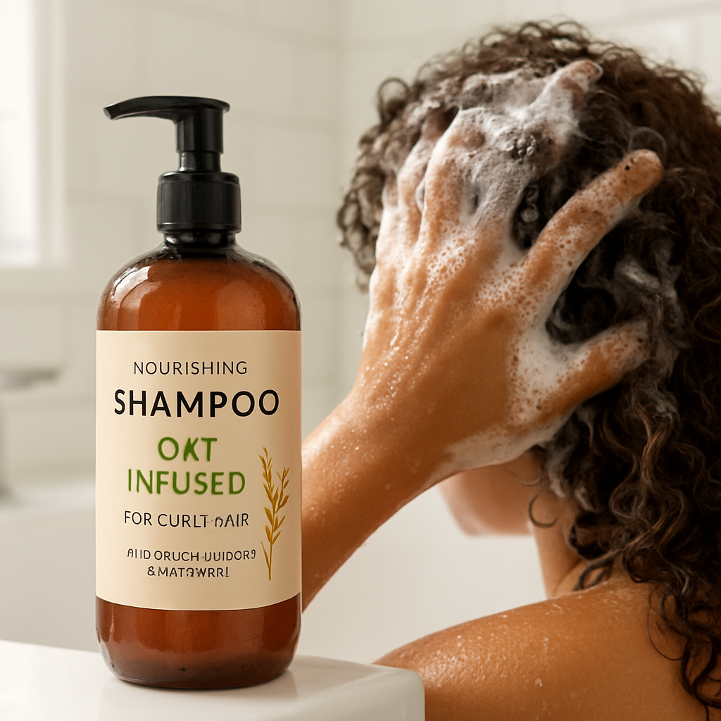 A close‑up of a luxurious, oat‑infused shampoo bottle beside a hand lathering curls in a bright bathroom. Alt: Nourishing shampoo for curly hair promoting growth and moisture.