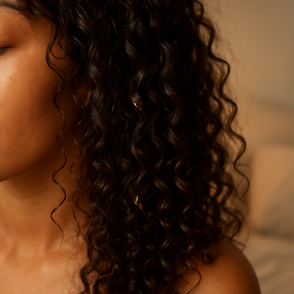 A close‑up of a woman's curls glistening with a few drops of oil applied overnight, soft lighting, bedroom setting. Alt: Overnight hair growth oil for curly hair delivering moisture and scalp stimulation.