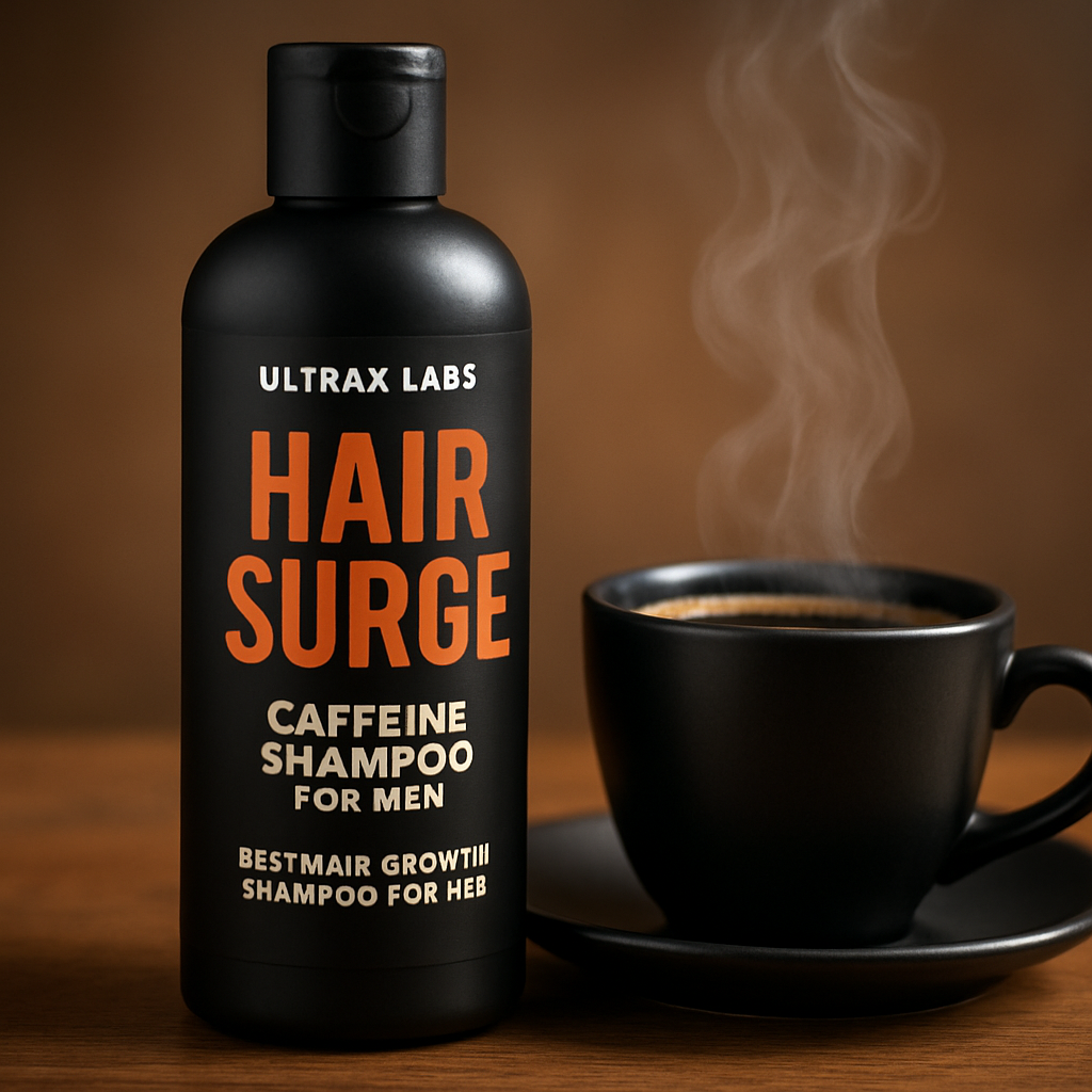 A close‑up of Ultrax Labs Hair Surge shampoo bottle beside a coffee cup, with steam rising, highlighting the caffeine theme. Alt: Ultrax Labs Hair Surge caffeine shampoo for men, best hair growth shampoo for men
