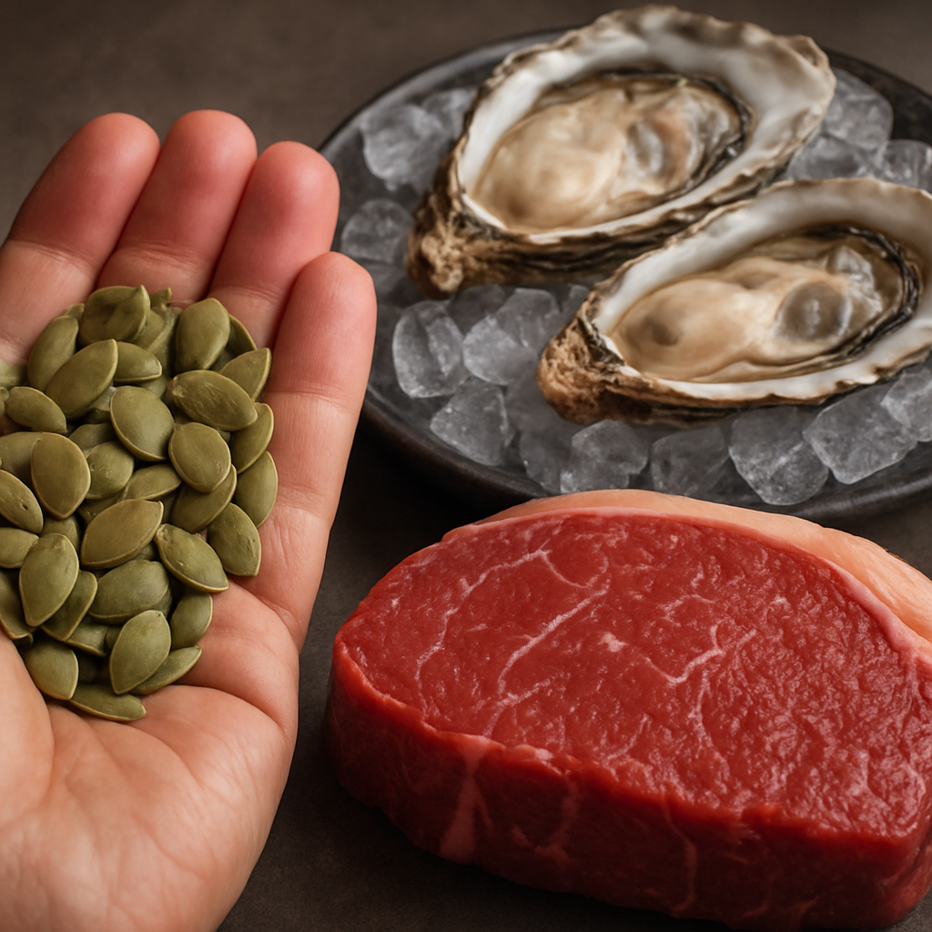 A close‑up of a handful of pumpkin seeds, oysters on ice and a beef steak, illustrating zinc‑rich foods for hair health. Alt: Zinc‑rich foods that help reduce DHT levels for stronger hair.