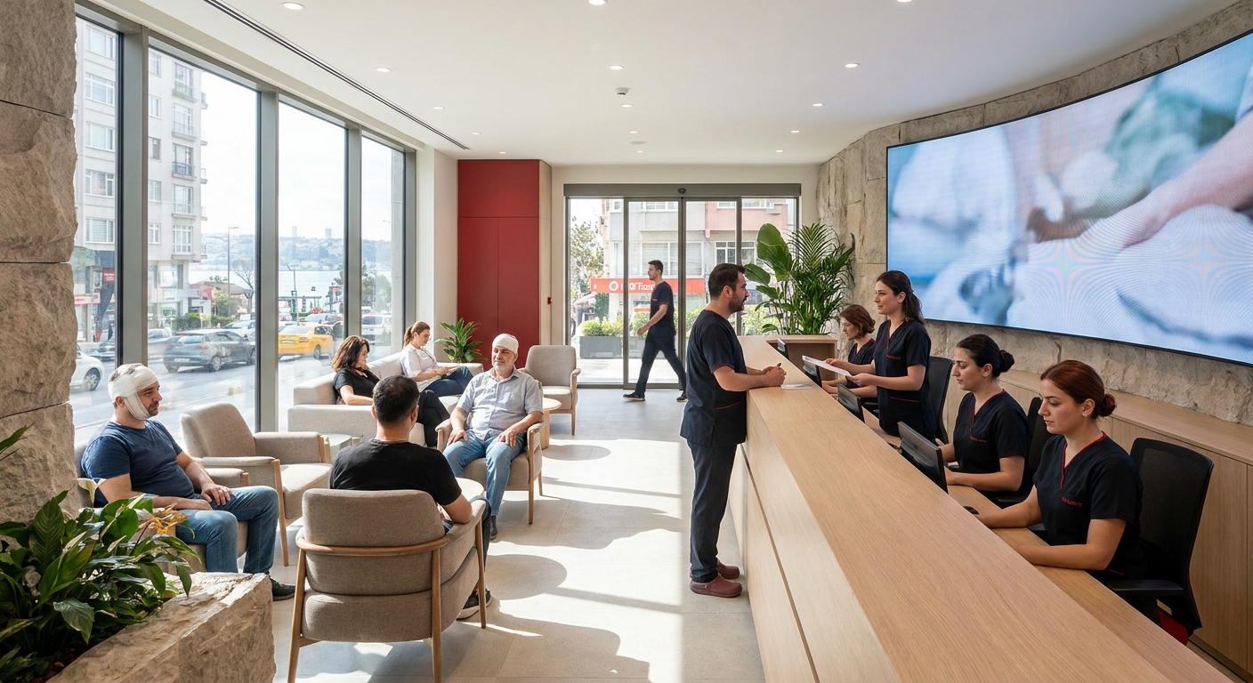 A photorealistic view of a modern Istanbul clinic reception area with patients and staff, natural lighting, Alt: modern hair transplant clinic Istanbul