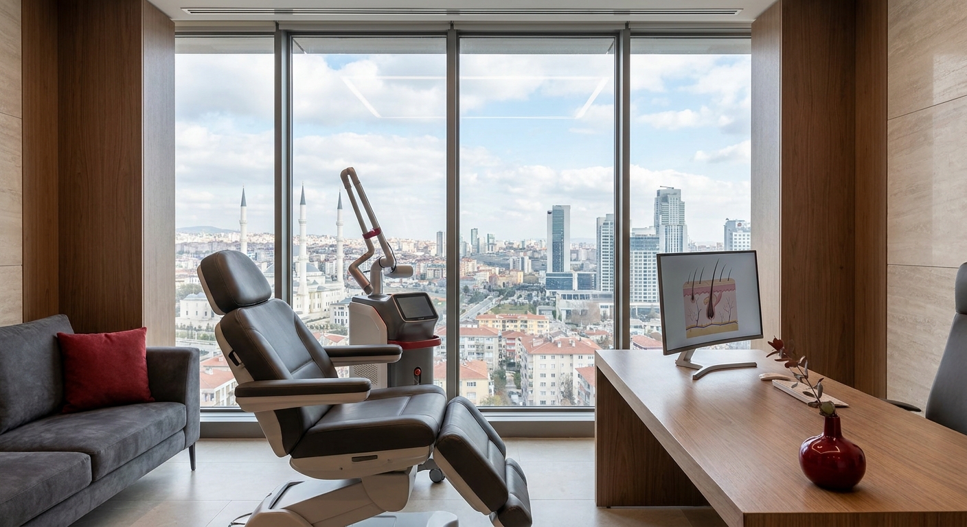 A realistic interior of a high‑end Ankara clinic suite with modern equipment and a view of the city, Alt: premium hair transplant clinic Ankara