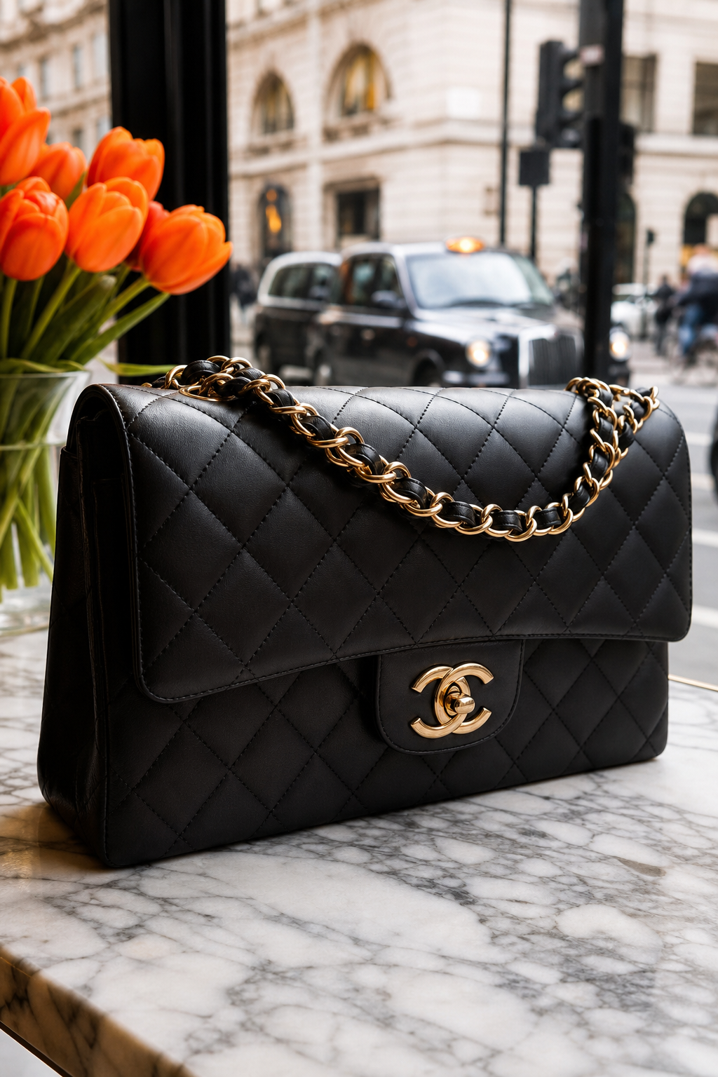 A photorealistic close‑up of a Chanel Classic Flap bag on a marble tabletop, soft natural light highlighting the quilted leather and gold hardware. Alt: Chanel Classic Flap luxury handbag.