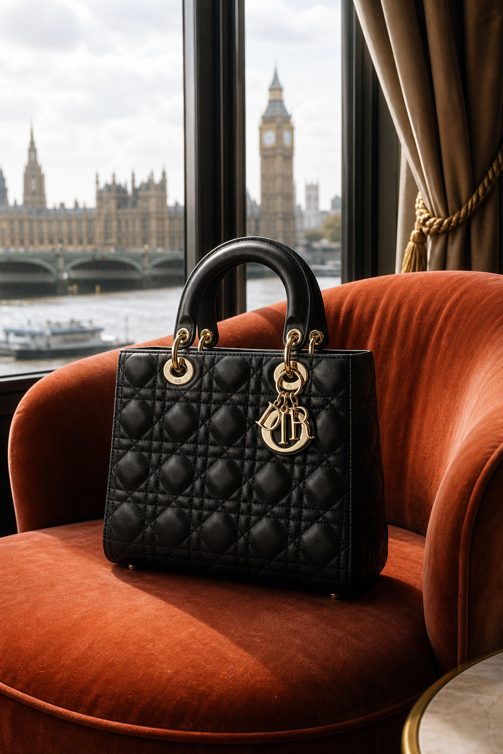 A photorealistic scene of a Dior Lady Dior bag placed on a plush velvet chair, soft lighting emphasizing the cannage stitching and gold hardware. Alt: Dior Lady Dior luxury handbag.