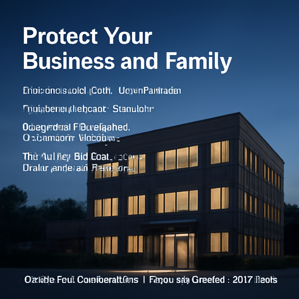 A calm office building at dusk with a subtle glow from the windows, symbolizing security and stability. Alt: A small business building protected by mortgage protection insurance