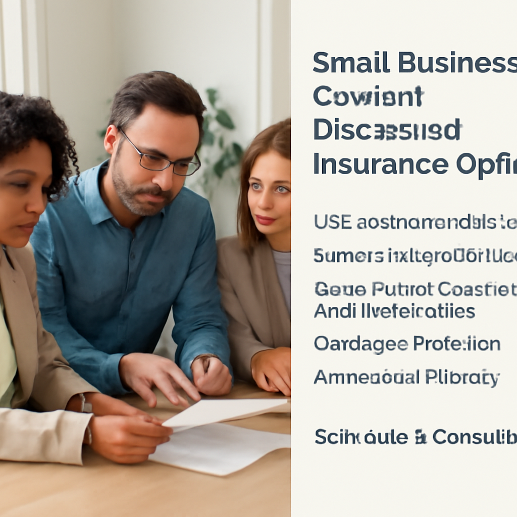 A team of small business owners reviewing insurance documents together in a bright office. Alt: Small business owners discussing insurance options.
