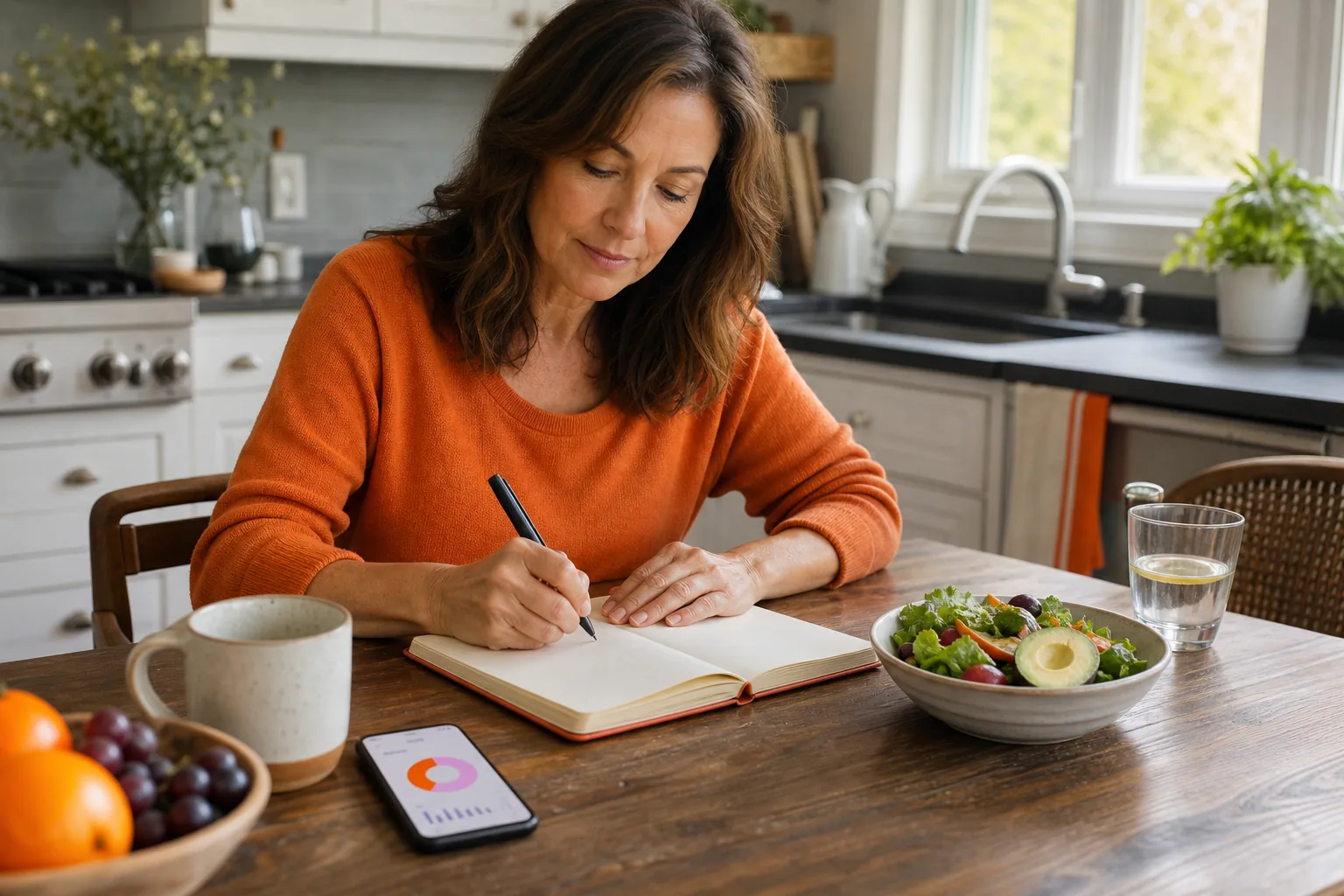 Midlife woman tracking menopause symptoms cycle changes and nutrition