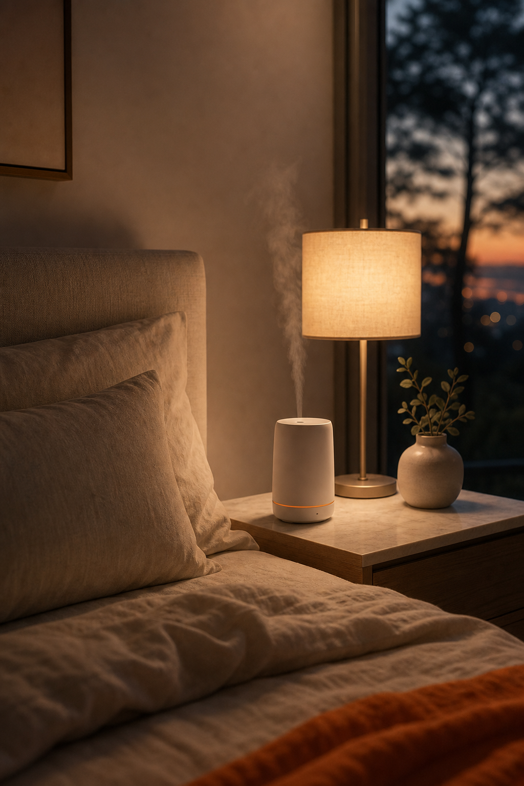 A photorealistic lifestyle scene of a minimalist bedroom at dusk with a soft warm glow from a bedside lamp, a small sleek diffuser on the nightstand releasing a barely visible mist, neutral linen bedding, and a calm, hotel-like atmosphere. Alt: heat-free cold air diffuser on bedroom nightstand beside lamp and linen bedding.