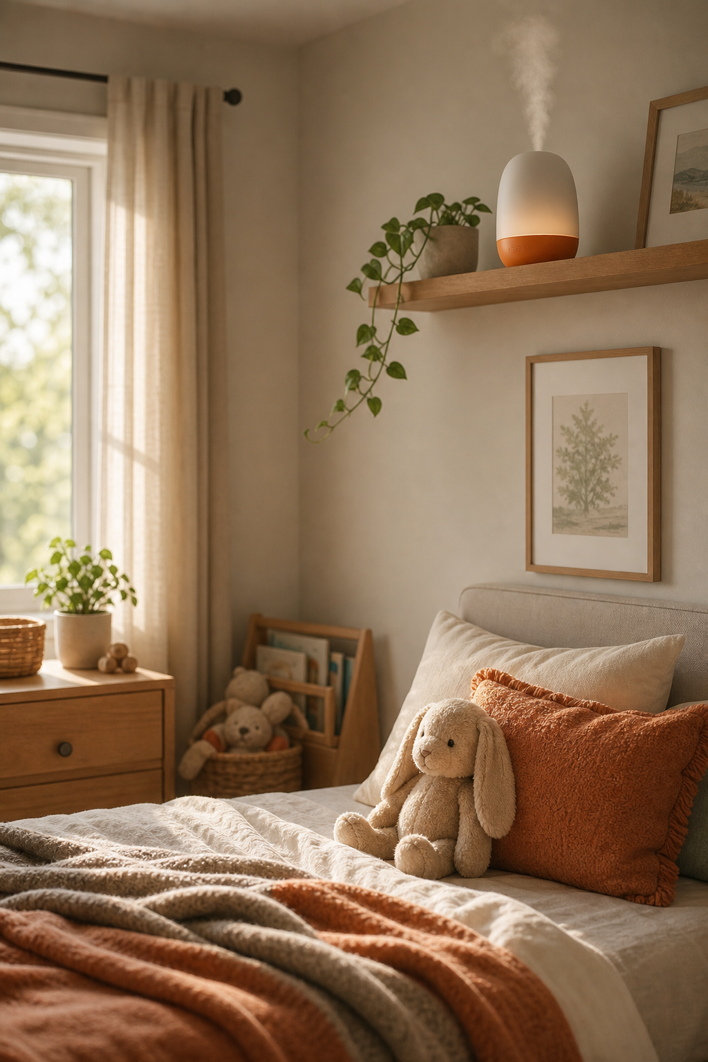 A cozy family bedroom scene with warm morning light, a child's stuffed animal on a bed, a modern compact diffuser sitting safely on a high shelf out of reach, and soft neutral tones throughout. Alt: child-safe heat-free cold air diffuser placed on high shelf in family bedroom.