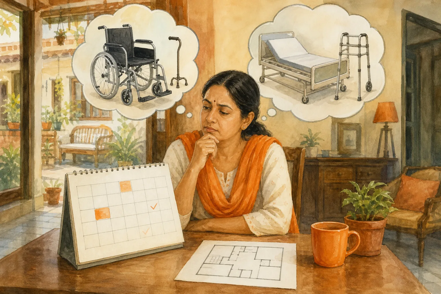 Caregiver considering home medical equipment rental versus buying in India.