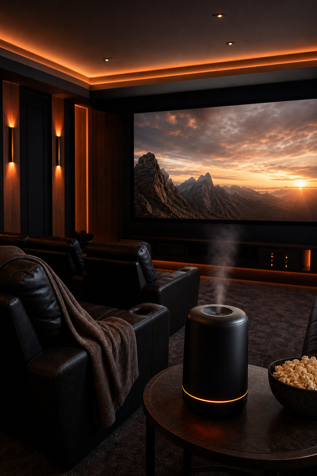 A photorealistic wide-angle shot of a cozy, dimly lit home theater room with plush leather seats, a large projection screen glowing softly, and a sleek modern cold-air diffuser on a side table emitting a barely visible mist, warm accent lighting with orange tones filling the space. Alt: best home theater scent diffuser in a luxury home cinema room