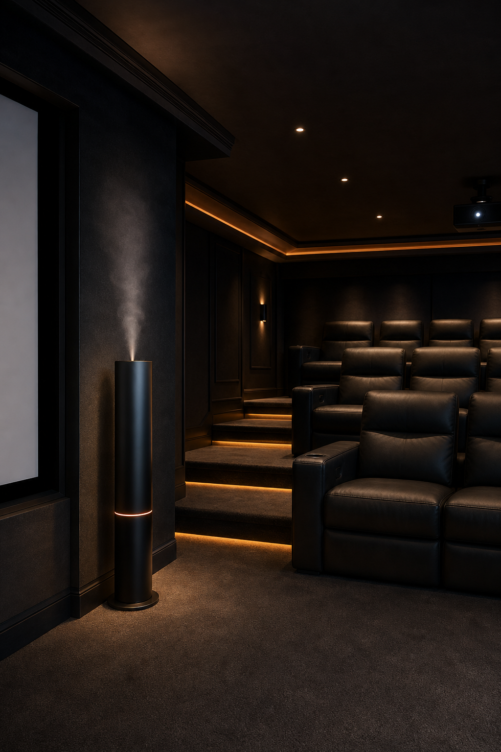 A photorealistic shot of a spacious, dark home theater with tiered stadium seating, a tall sleek floor diffuser standing near a side wall, soft orange-accent lighting glowing along the floor, and a faint mist visible rising from the diffuser into the ambient air. Alt: floor diffuser for large home theater with cold-air scent coverage