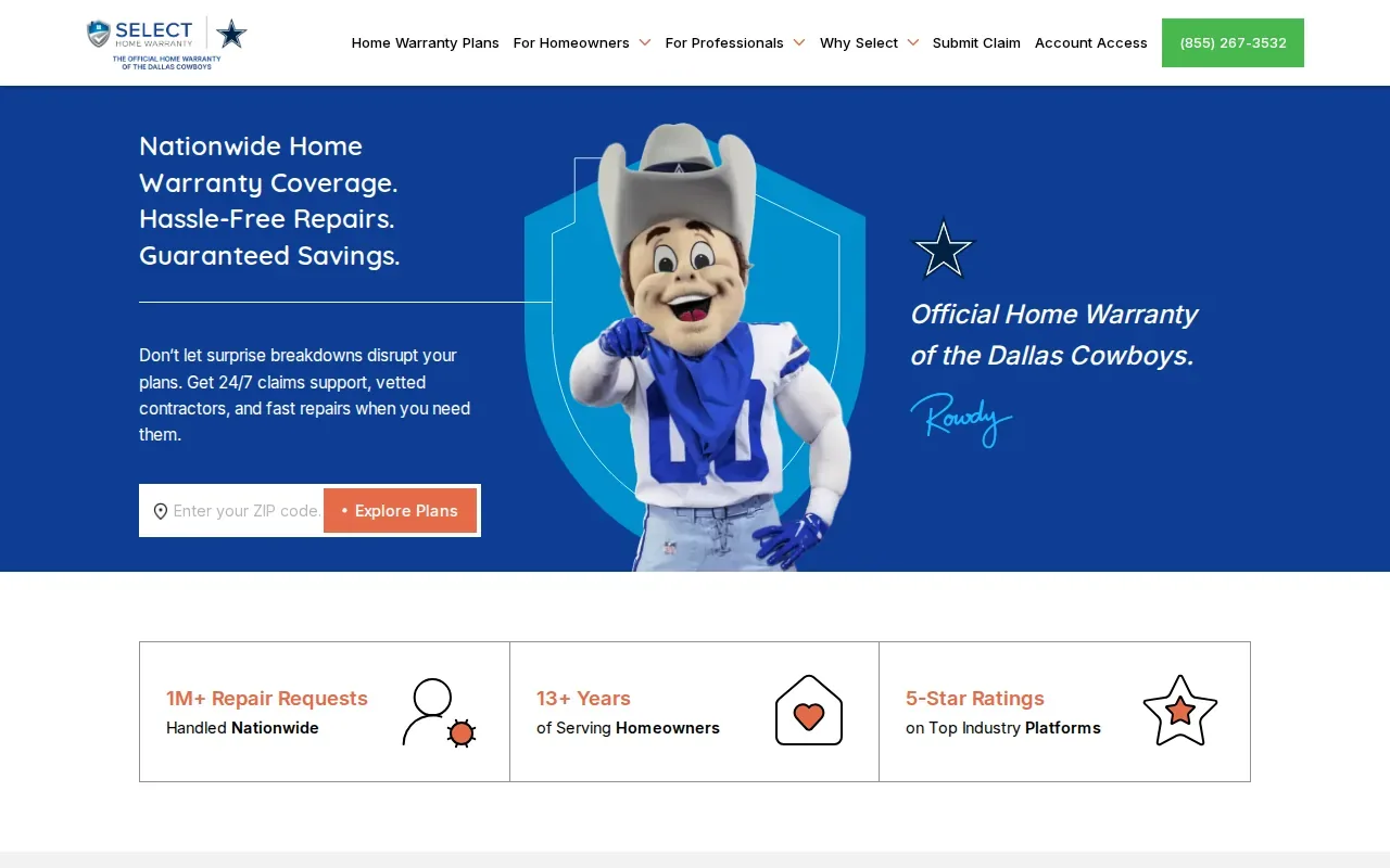 Screenshot of the Select Home Warranty website