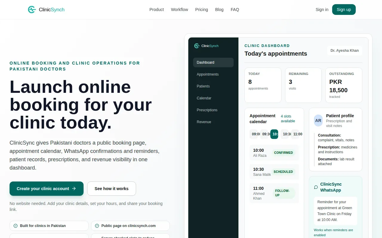 Screenshot of the ClinicSync: appointments website