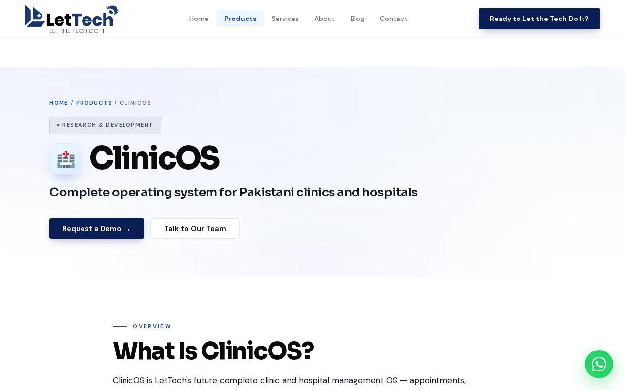 Screenshot of the ClinicOS by LetTech website