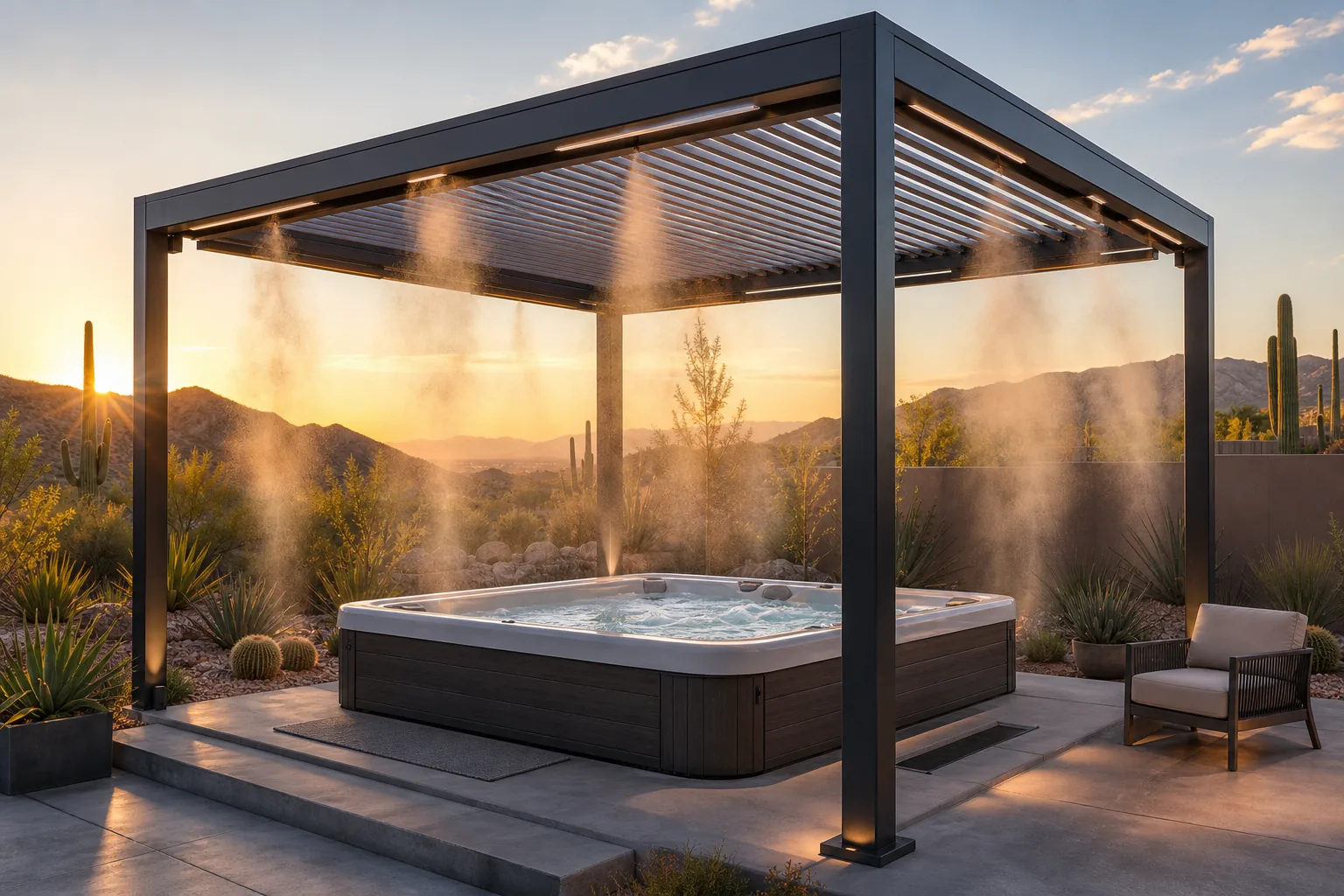 Custom Aluminum Pergolas with Integrated Misting: visual reference for 6. Custom Aluminum Pergolas with Integrated Misting , Active Cooling for Desert Summers