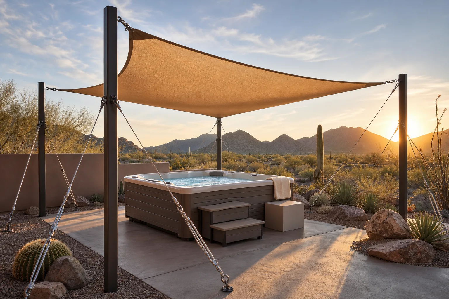 High‑UV Shade Sails with Wind Tie‑Downs: visual reference for 7. High‑UV Shade Sails with Wind Tie‑Downs , Budget‑Friendly Desert Solution