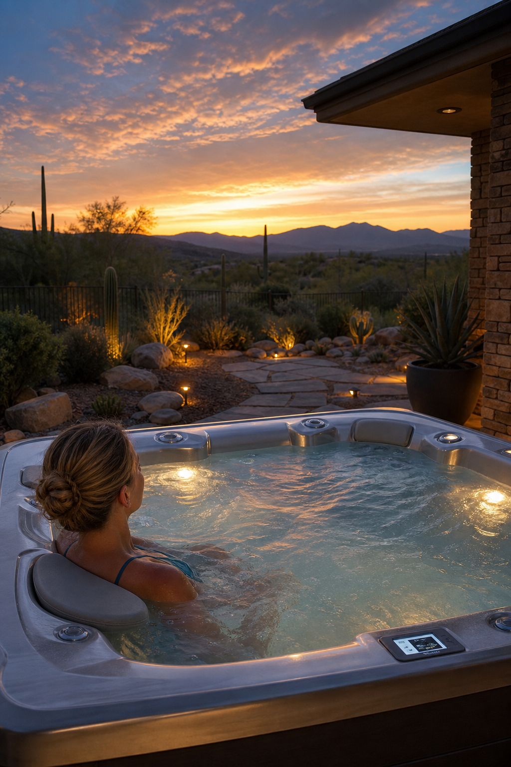 A photorealistic image of a luxury hot tub in a desert backyard, with a soft glow on the water and a person relaxed in the seat. Alt: