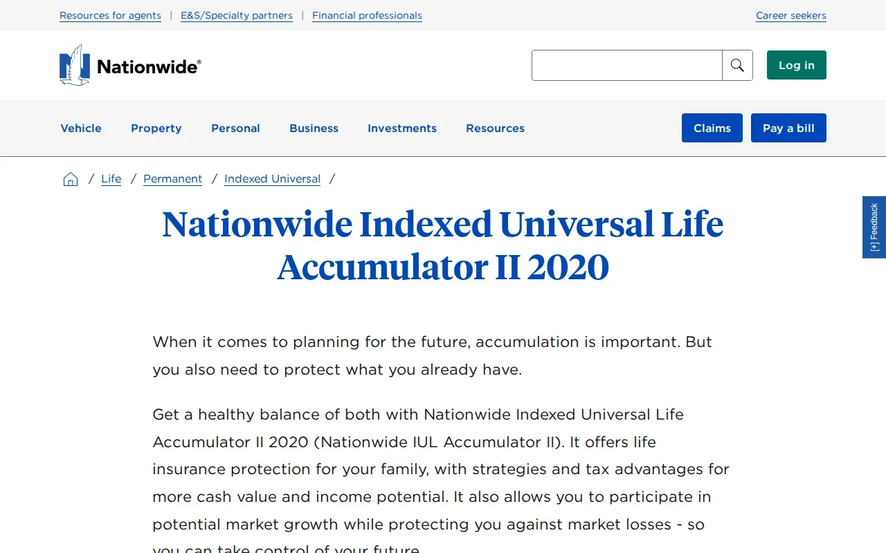 Screenshot of the Nationwide Indexed Universal Life Accumulator II 2020 website