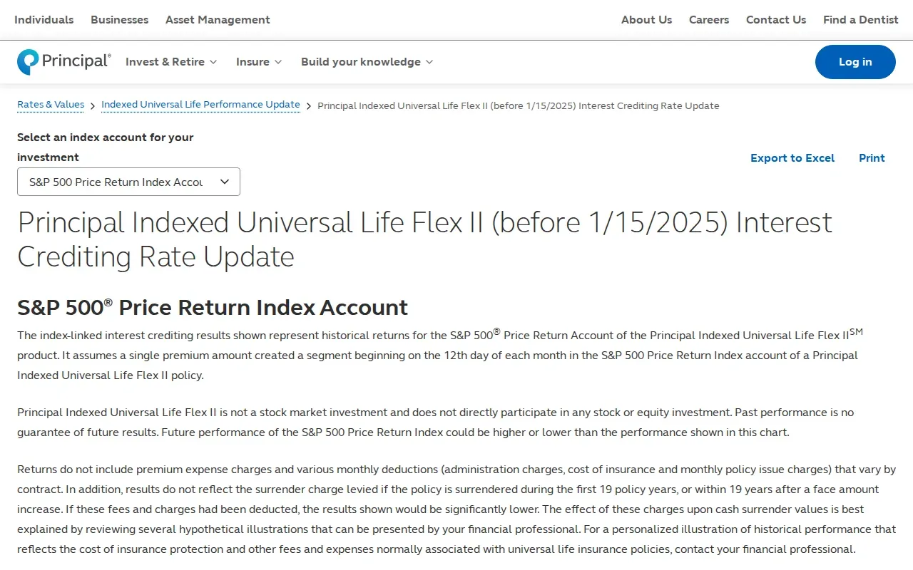Screenshot of the Principal Indexed Universal Life Flex II website