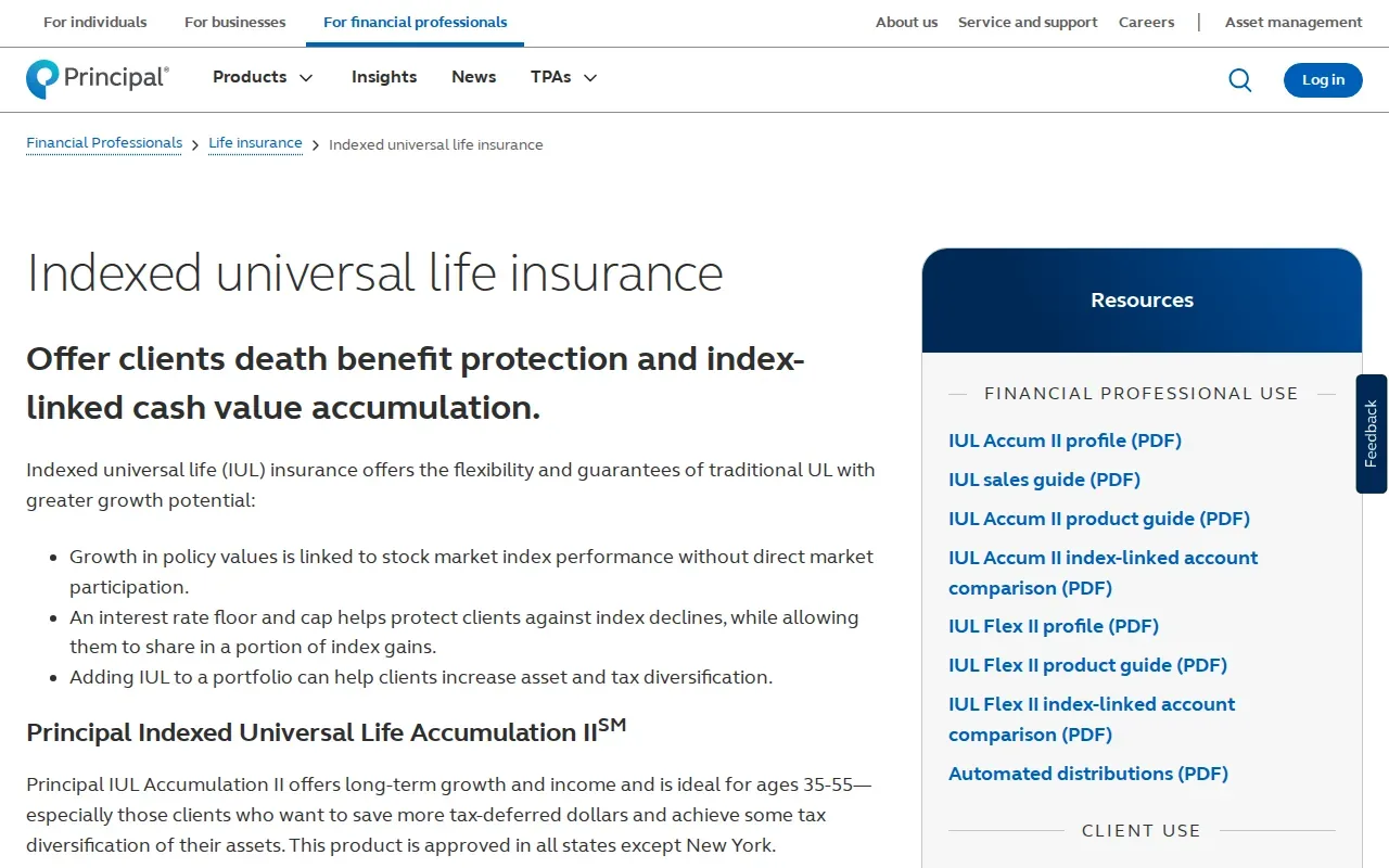 Screenshot of the Principal Indexed Universal Life Accumulator II website