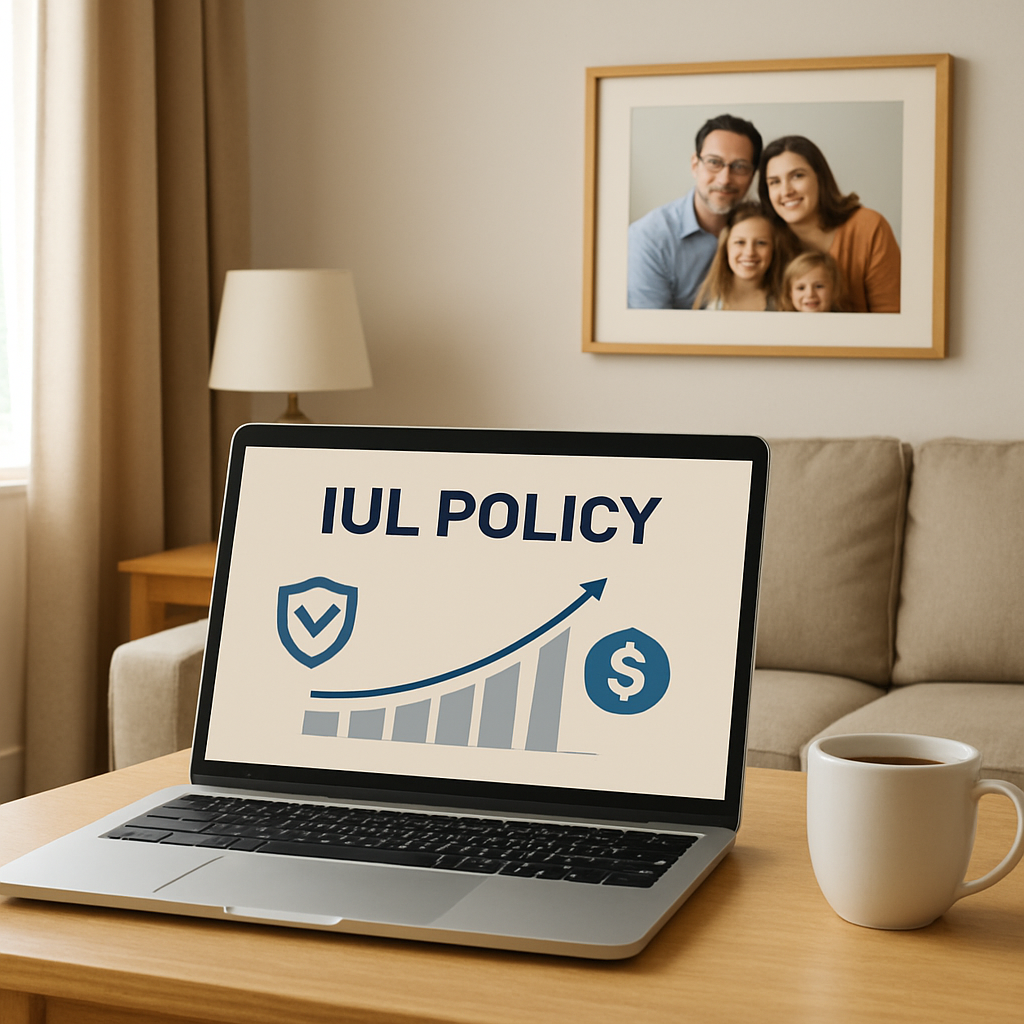 A serene living room with a laptop open to an IUL policy illustration, a cup of coffee on the side table, and a framed family photo on the wall. Alt: IUL policy illustration in a cozy home setting.