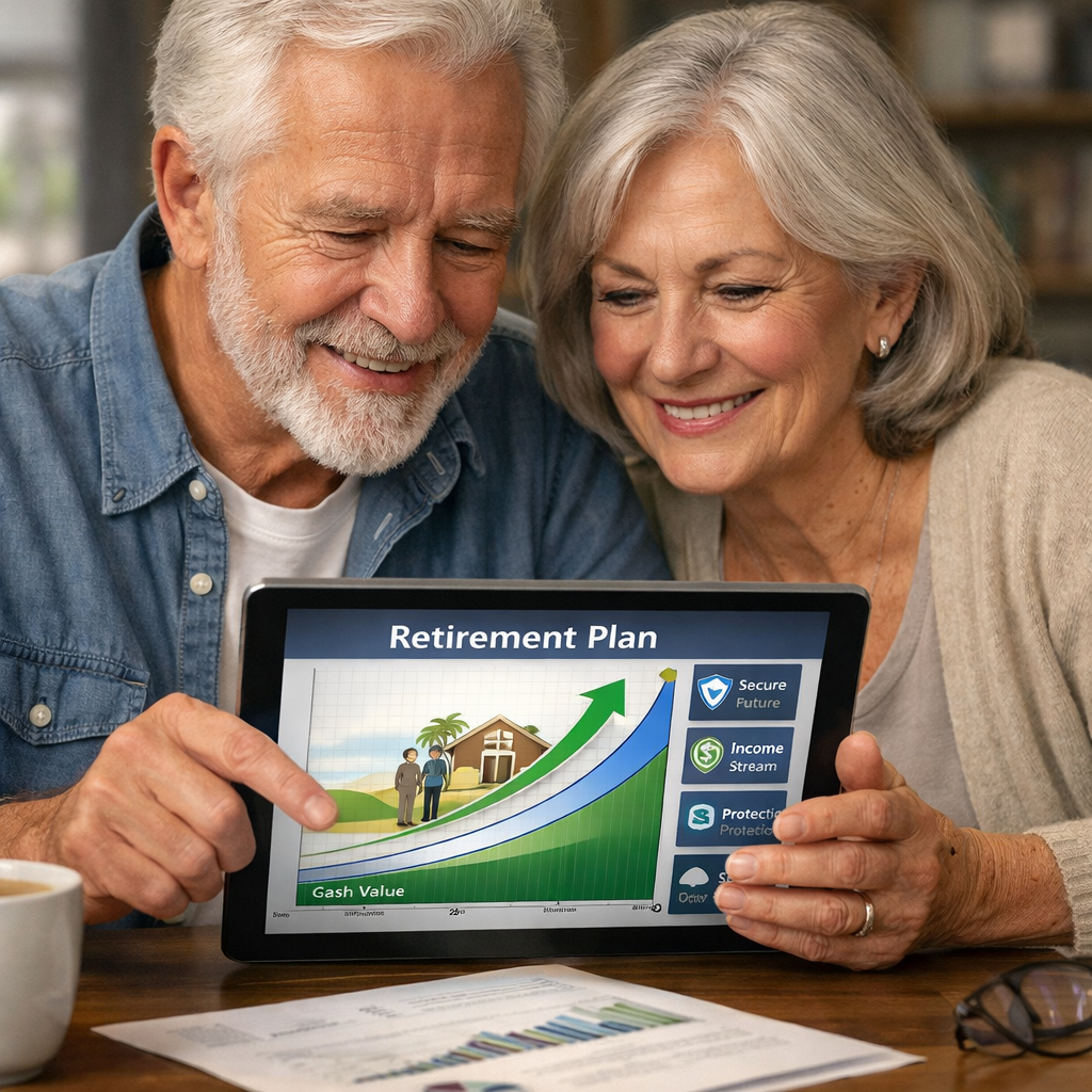 A photorealistic illustration of a senior couple reviewing a retirement plan on a tablet, showing growth charts and a secure future. Alt: indexed universal life retirement planning visualization