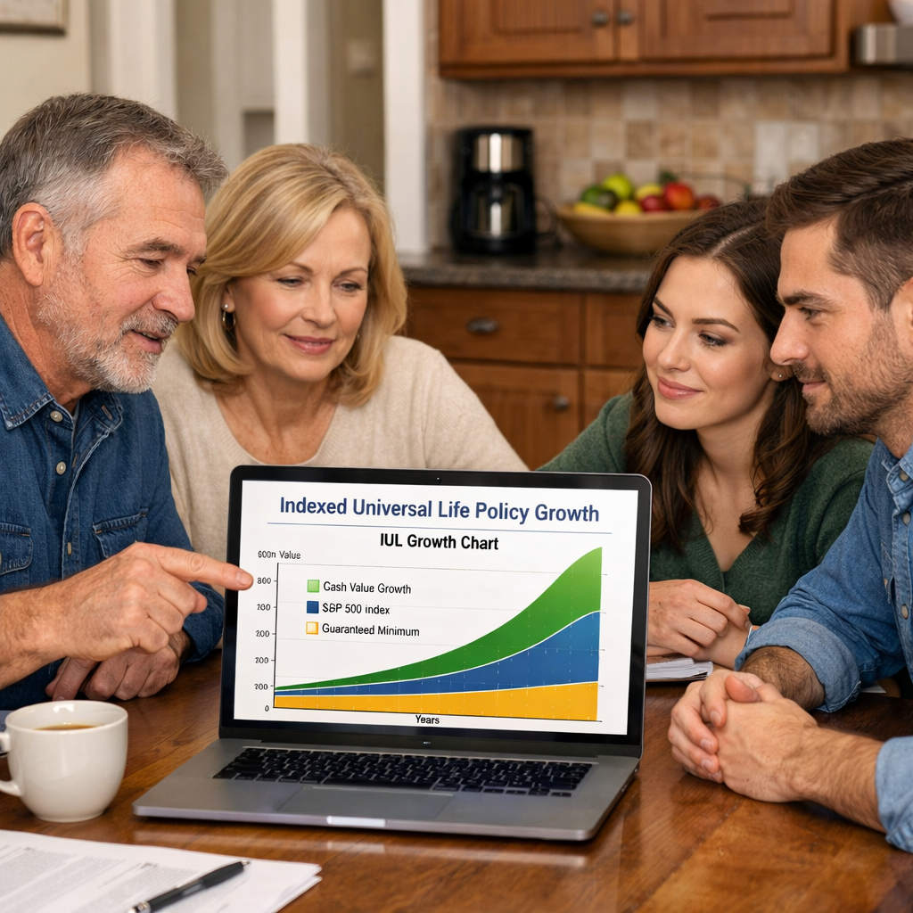 A realistic scene of a family gathered around a kitchen table, using a laptop to view an IUL growth chart and discussing retirement plans. Alt: family reviewing indexed universal life policy growth