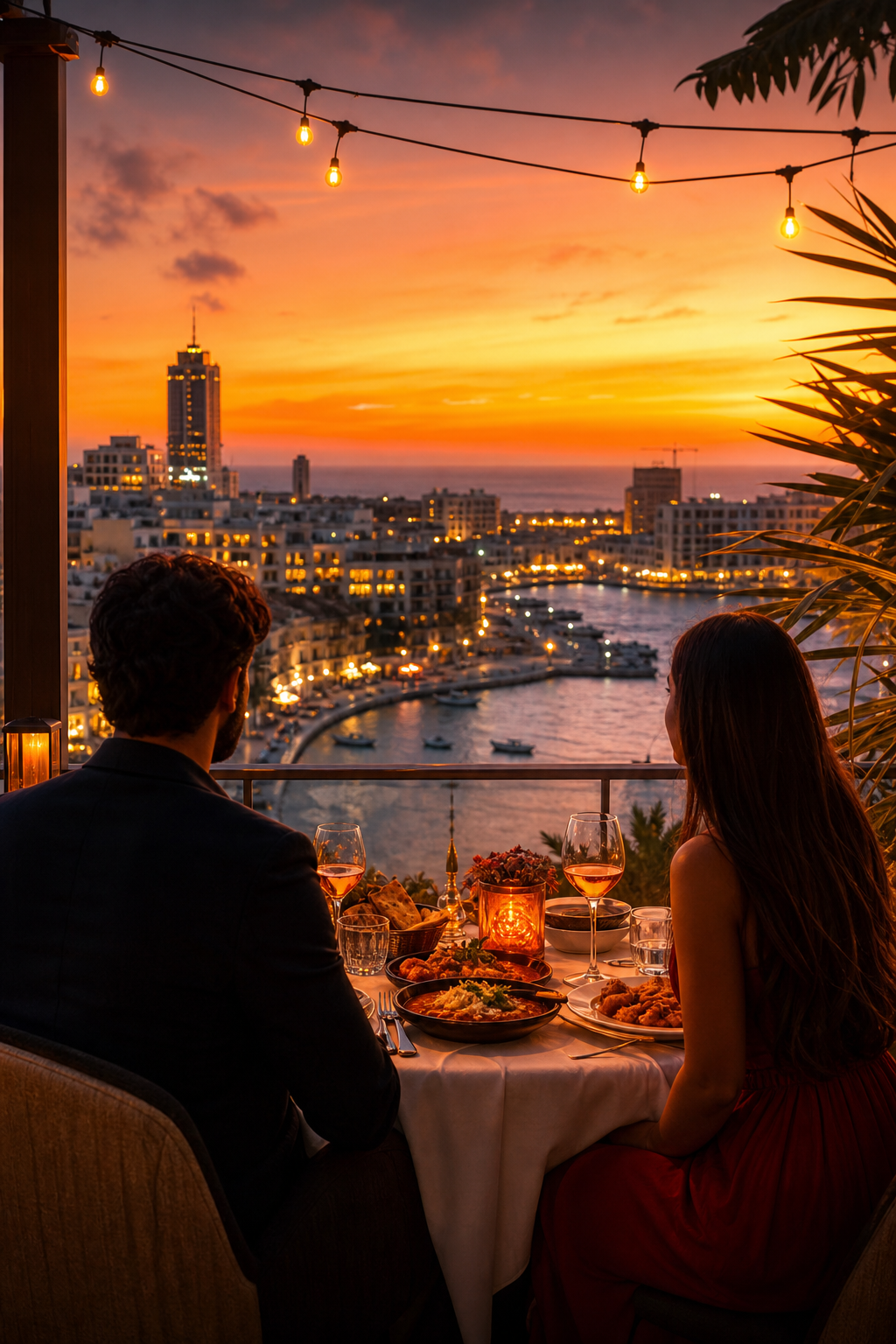 A beautiful sunset view from a rooftop restaurant in St Julians, with a couple dining, soft fairy lights, and a view of Spinola Bay. Alt: Rooftop dining St Julians Malta