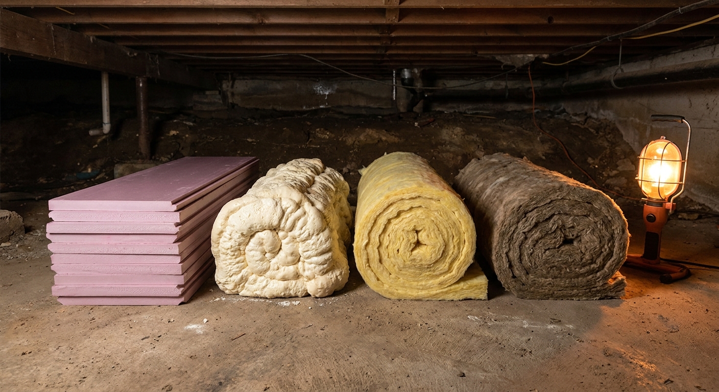 A photorealistic scene showing four different insulation materials laid out side by side on a concrete floor in a dim crawl space setting, including rigid foam board, spray foam, fiberglass batts, and mineral wool, with a warm orange accent light from a work lamp, natural environment. Alt: types of insulation for crawl space walls including rigid foam and spray foam.