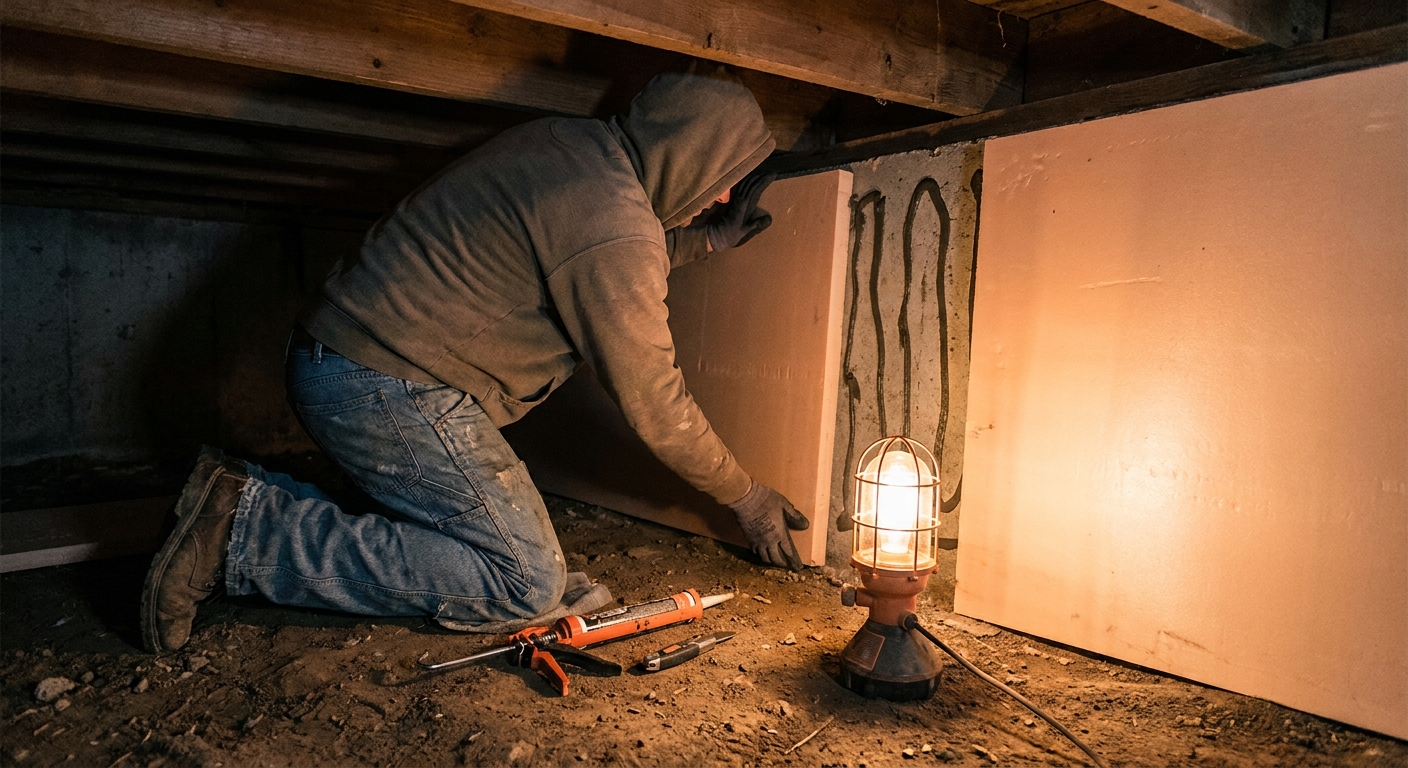 A photorealistic scene of a person in work clothes pressing a rigid foam insulation board against a concrete foundation wall inside a crawl space, with visible construction adhesive lines and a work light casting warm orange tones. Alt: installing rigid foam board insulation on crawl space foundation walls.