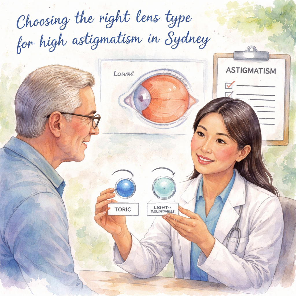 A watercolor painting of a doctor showing a patient two intraocular lens models – one toric and one light‑adjustable – with a simple diagram of the eye’s cornea and a checklist beside them. Alt: Choosing the right lens type for high astigmatism in Sydney.