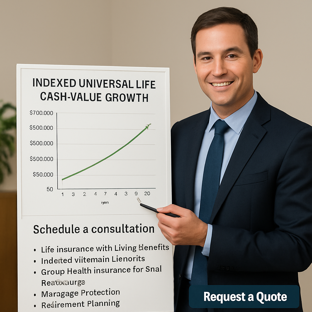 A friendly financial planner showing a chart of indexed universal life cash value growth over ten years. Alt: Indexed universal life cash accumulation illustration.