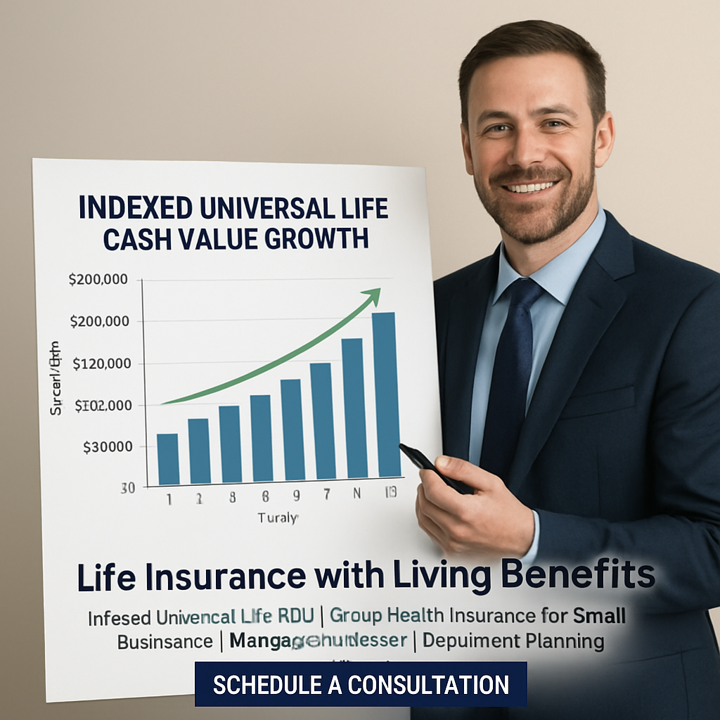 A friendly financial planner showing a chart of indexed universal life cash value growth over ten years. Alt: Indexed universal life cash accumulation illustration.