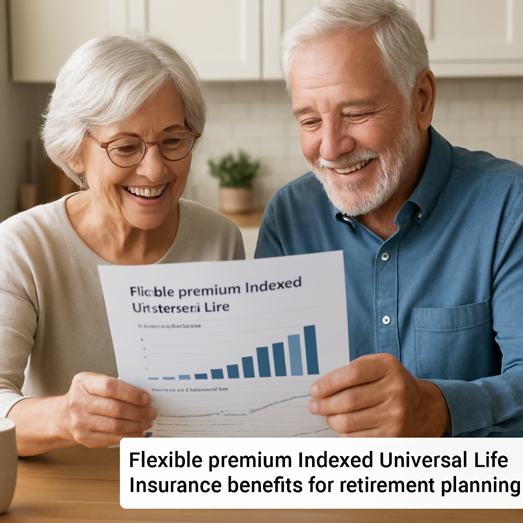 A senior couple reviewing a flexible premium IUL illustration at a kitchen table, smiling as they discuss death‑benefit protection and cash‑value growth. Alt: Flexible premium Indexed Universal Life insurance benefits for retirement planning.