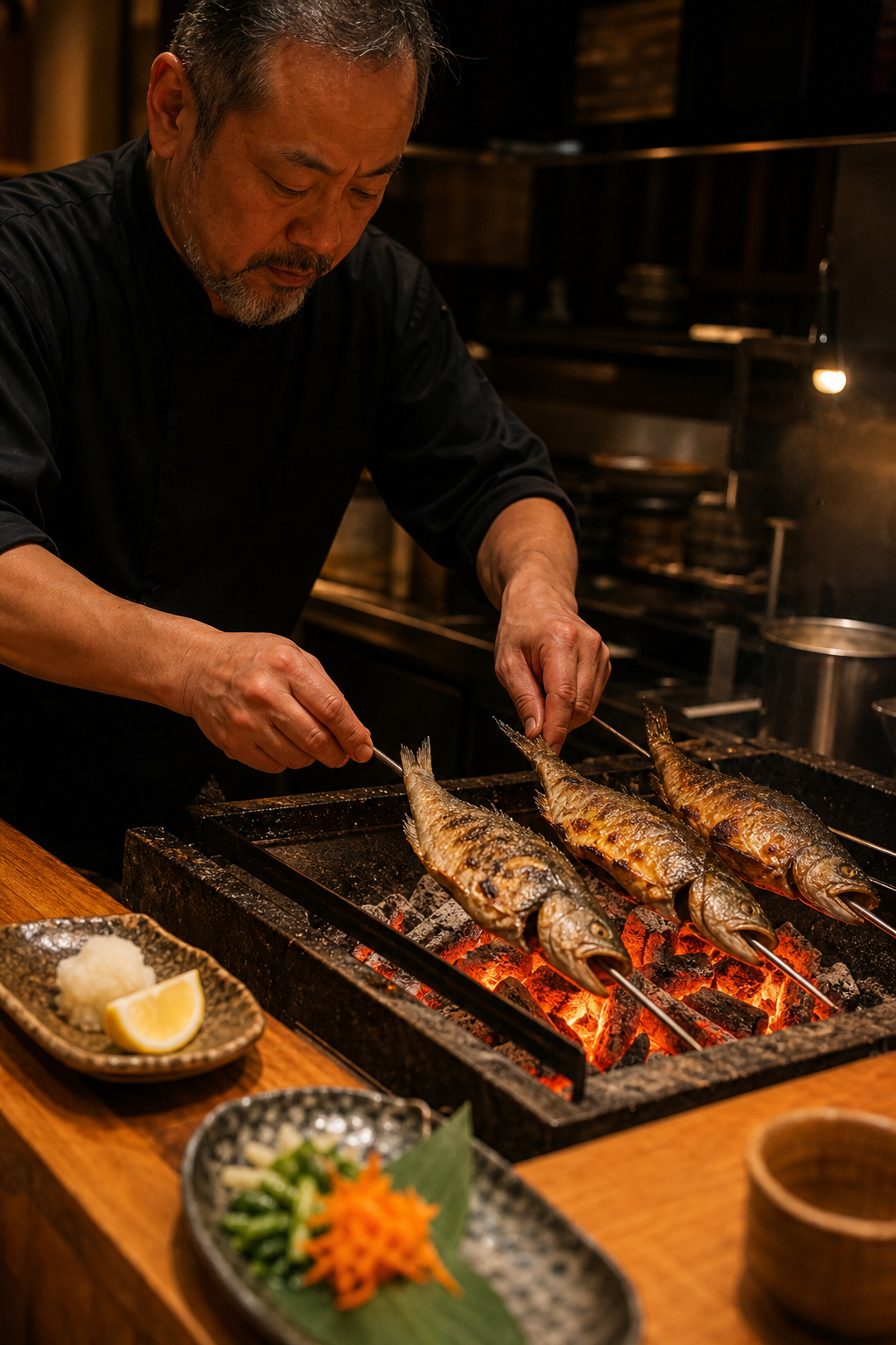 A photorealistic close-up of a chef rotating whole fish over a glowing charcoal grill at a wooden izakaya counter in Nakameguro, Tokyo , warm amber light, ceramic plates with garnish, no text or phone numbers visible